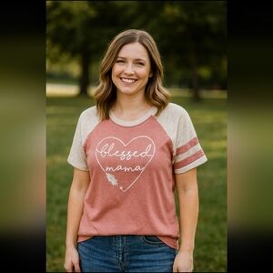 Pink & White Short Sleeve Tee With Heart "Blessed Mama" Size Large